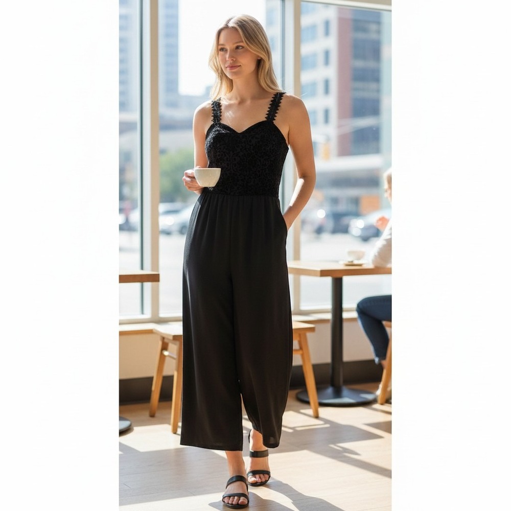 B•O•G Collective Jumpsuit Women XL Black Velvet Floral Lace Sweetheart Neck